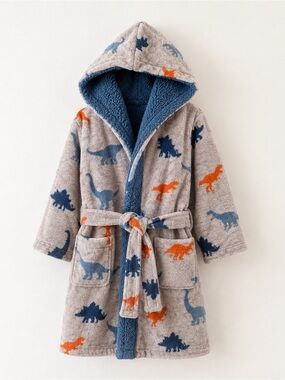 Cozy Kids Grey Dinosaur Hooded Bathrobe with Blue Lining
